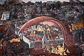 Bangkok Grand Palace, Ramakien murals of the gallery of the Wat Phra Kaew,  Chiwha enlarges his body and covers the city of Langka with his tongue. Tosakan throws his disc, cutting off Chiuhos tongue. 